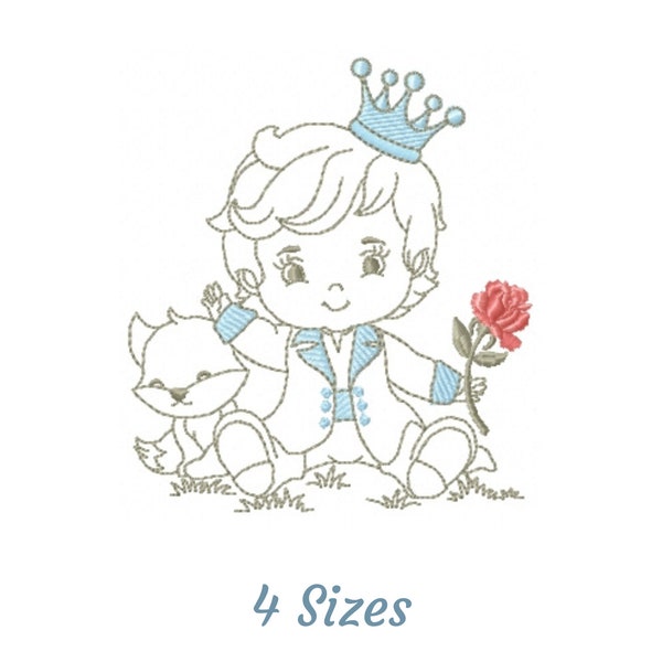 King Little Prince Line work Embroidery Design - Baby Boy With Cute Cat Machine Embroidery Pattern & Designs – 4 Sizes – Instant Download