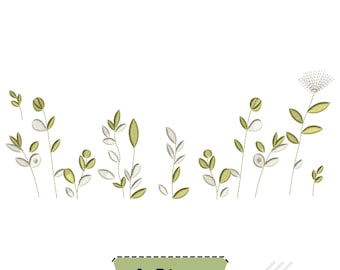 May include: An embroidery design featuring a row of stylized botanical stems with olive green and light gray leaves. One stem on the far right features a delicate, circular, starburst-like flower head. A light green label at the bottom reads 4 Sizes.