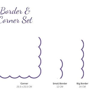 Puede incluir: Un conjunto de tres troqueles de borde y esquina de color morado. El troquel de esquina mide 25,5 x 25,5 cm. El troquel de borde pequeño mide 12 cm. El troquel de borde grande mide 24 cm.