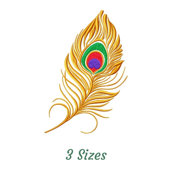 Peacock Feather Embroidery Design - Golden Feather Machine Embroidery Pattern & Designs – 3 Sizes – Instant Download