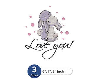Diseño de bordado "Te amo, conejitos", patrón de bordado de una linda pareja de conejos, 3 tamaños