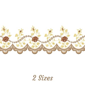 Könnte beinhalten: Ein braunes und gelbes florales Stickmuster mit einem gewellten Rand. Das Design ist in zwei Größen erhältlich.