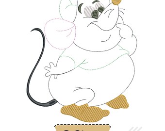 May include: An embroidery design featuring a cartoon mouse with a round body, large ears, and a long tail. The mouse has a tan nose and feet, with black outlines and green shirt details. Below the mouse is a tan label with the text 6 Sizes.