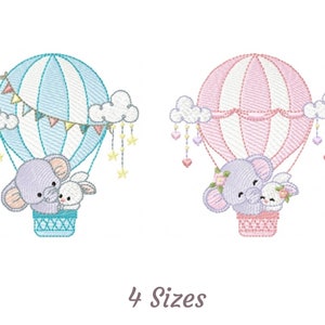 Hot Air Balloon Elephant & Bunny Embroidery Design - Baby Shower, Nursery Decor, Cute Animal Embroidery Pattern (4 Sizes Available)