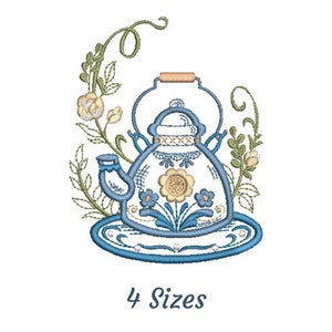 May include: Blue and white teapot with floral design on a white saucer with a blue rim. The teapot has a brown handle and a floral design with yellow, blue, and green accents. The teapot is surrounded by green leaves and white flowers.