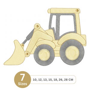 Op de afbeelding: Geborduurd ontwerp van een gele en grijze voorlader. De afbeelding bevat een cirkelvormige afbeelding met het nummer 7 en het woord "Maten". De tekst hieronder geeft de beschikbare maten aan: 10, 12, 13, 15, 18, 26, 28 cm.