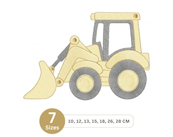Può includere: Design ricamato di una pala caricatrice gialla e grigia. L'immagine include una grafica circolare con il numero 7 e la parola "Taglie". Il testo sottostante indica le taglie disponibili: 10, 12, 13, 15, 18, 26, 28 cm.
