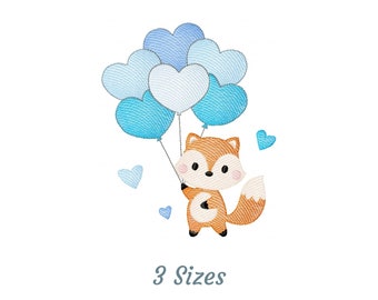 Fox with Balloon Machine Embroidery Design, Instant Download