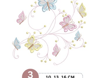May include: An embroidery design featuring seven butterflies in shades of light blue, pink, and yellow, connected by delicate pink swirling lines and small dots. A circular badge indicates 3 sizes with the text 10, 13, 16 CM printed next to it.