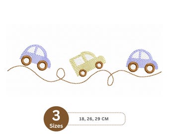 May include: Embroidered design featuring three toy cars in pastel colors: lavender, yellow, and lavender. The cars are connected by a brown thread, suggesting a road. The design includes the text "3 Sizes" and measurements of 18, 26, and 29 cm.