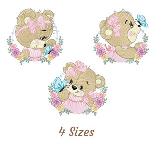 Cute Teddy Bear Embroidery Design - Baby Teddy Bear With Butterfly Machine Embroidery Pattern & Designs – 4 Sizes – Instant Download