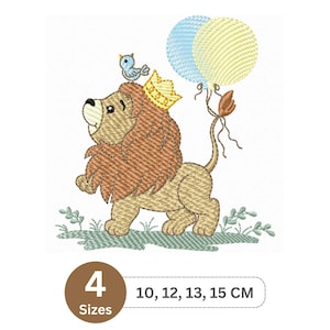 May include: Embroidered design of a cartoon lion wearing a gold crown and holding a blue and yellow balloon. A small blue bird sits on top of the crown. The lion is standing on a green patch of grass. The design is available in 4 sizes: 10, 12, 13, and 15 cm.