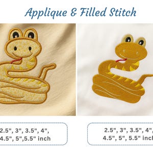 May include: Two embroidered snake designs. The left snake is on a beige background, the right snake is on a white background. Both snakes are yellow with brown outlines and red tongues. The text "Applique & Filled Stitch" is at the top. Sizes range from 2.5 to 5.5 inches.