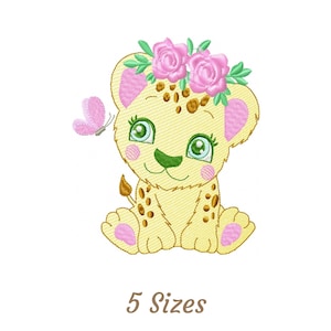 Diseño de bordado de leopardo bebé: adorable flor de bebé con mariposa, patrón y diseños de bordado a máquina – 5 tamaños – Descarga instantánea