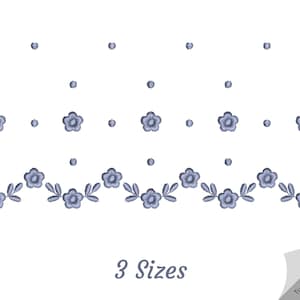 May include: A digital embroidery design featuring a delicate floral border with small flowers and leaves. The design is available in three sizes. The text "3 Sizes" is displayed below the design.