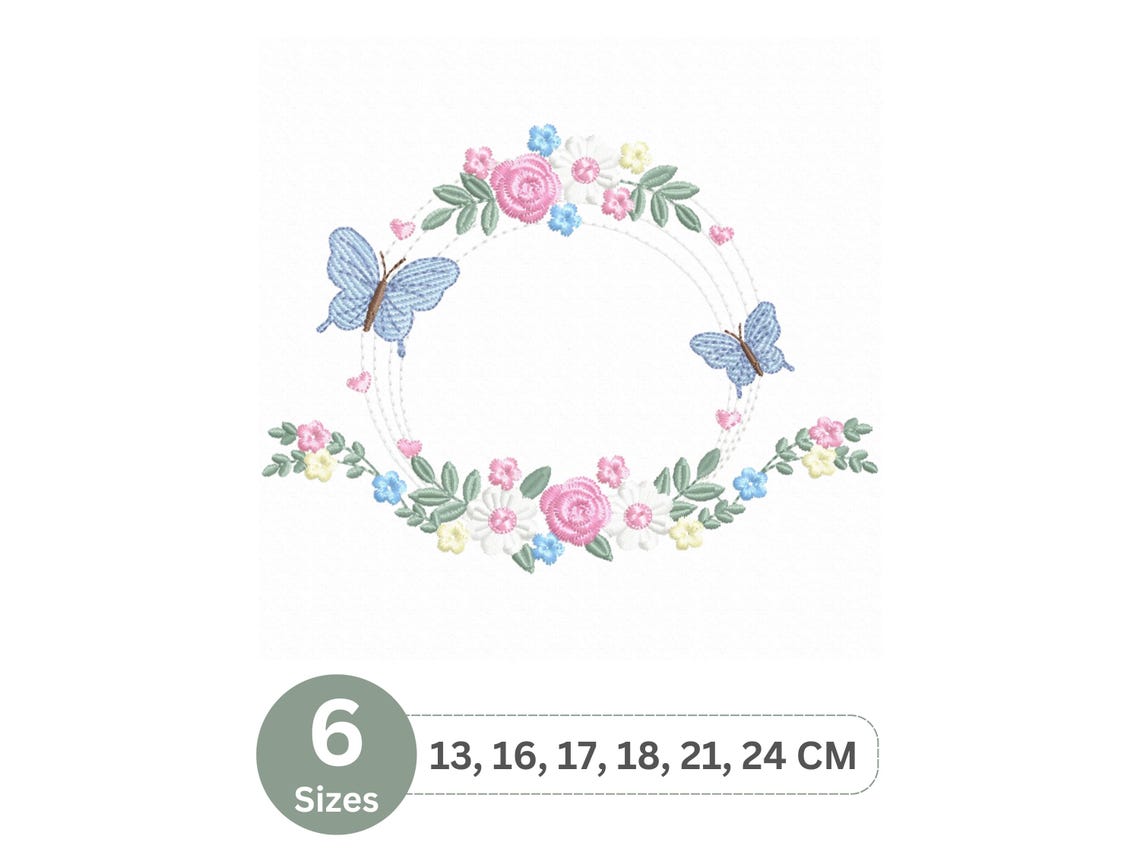 Floral Wreath Embroidery Design With Butterflies | Spring Flower Frame ...