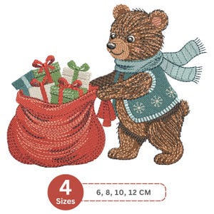 Bear with Gift Sack Embroidery Design, Christmas Machine Embroidery Pattern – 4 Sizes