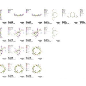 May include: A set of 10 embroidery designs featuring floral wreaths and borders. The designs are in various colours, including pink, purple, green, and blue. The designs are perfect for adding a touch of elegance to any project.