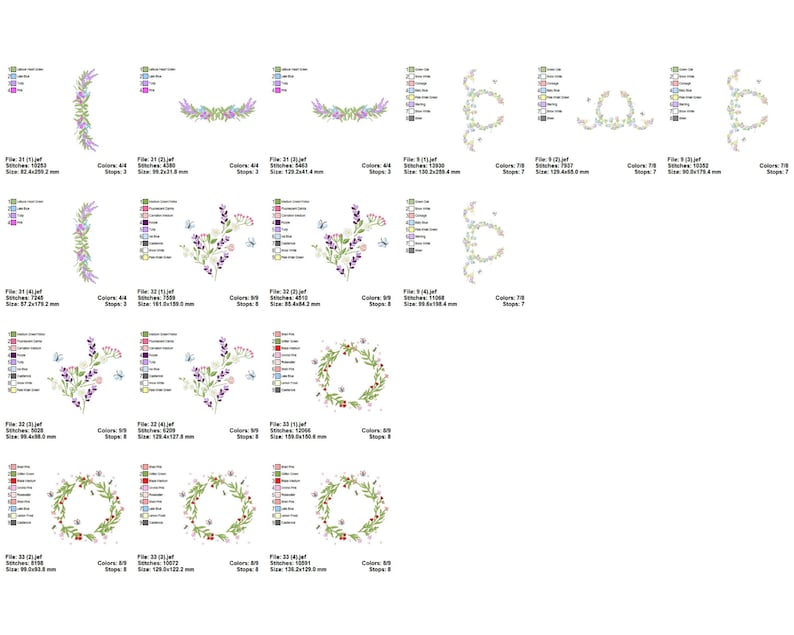 May include: A set of 10 embroidery designs featuring floral wreaths and borders. The designs are in various colours, including pink, purple, green, and blue. The designs are perfect for adding a touch of elegance to any project.