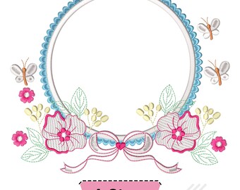 May include: An embroidery design featuring a circular frame with a scalloped blue border, decorated with pink flowers, green leaves, yellow buds, and three white butterflies. A pink ribbon bow sits at the bottom. Text at the bottom reads 4 Sizes.