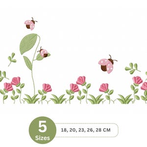 Op de afbeelding: Borduurmotief met roze bloemen, groene bladeren en lieveheersbeestjes. Het ontwerp is verkrijgbaar in 5 maten: 18, 20, 23, 26 en 28 cm.