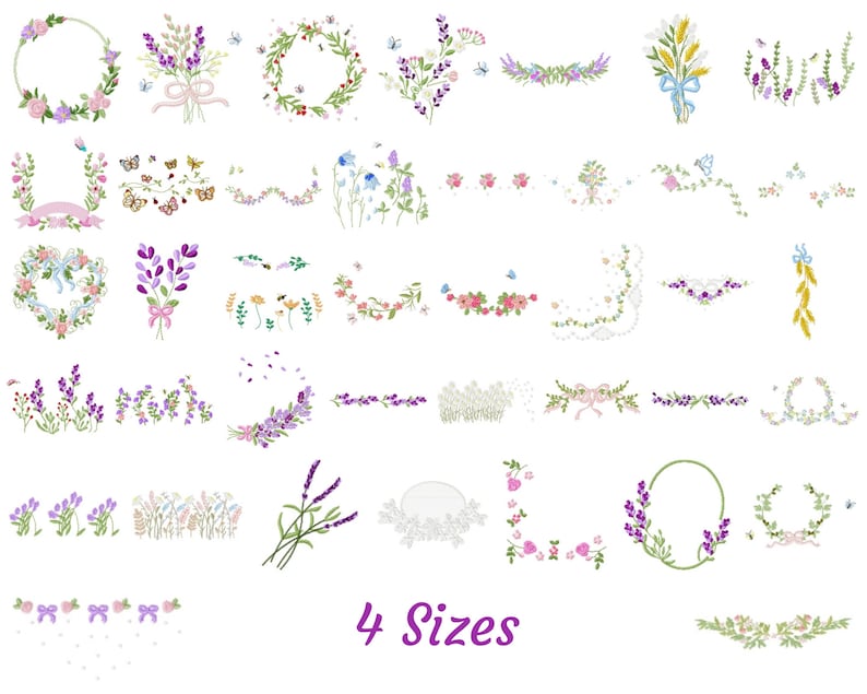 May include: A set of 40 embroidery designs featuring floral wreaths, borders, and bouquets in various sizes. The designs include lavender, roses, wildflowers, and other floral elements. The designs are perfect for adding a touch of elegance and beauty to any project.