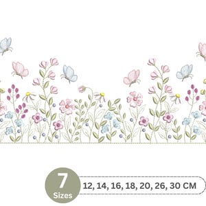 Può includere: Design ricamato con una fila di fiori rosa, blu e bianchi con foglie verdi e farfalle. Il design è disponibile in 7 dimensioni che vanno da 12 a 30 centimetri.