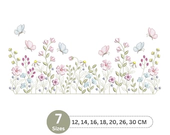 Delightful horizontal band filled with flowers, leaves, and charming butterflies Embroidery Design, 7 Sizes, Instant Download