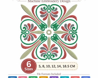 May include: A machine embroidery design titled Floral Ornament featuring a symmetrical pattern in green, red, and beige. The text indicates 6 sizes ranging from 5 to 18.5 cm and lists file formats including PES, JEF, DST, PEC, EXP, VIP, VP3, and XXX.