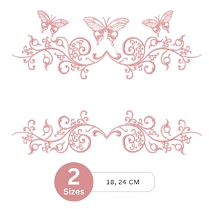 Könnte beinhalten: Zwei rosa gestickte Designs mit Schmetterlingen und floralen Mustern. Die Designs sind symmetrisch, mit Schmetterlingen oben und wirbelnden floralen Elementen. Das Bild enthält den Text "2 Größen" und Maße von 18 und 24 cm.