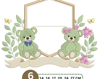 May include: An embroidery design featuring two light green teddy bears flanking a central hexagonal frame. The left bear wears a blue bow tie, the right bear a pink bow. Green leaves, pink flowers, and yellow butterflies surround the frame, with a beige banner below. Text reads: 6 Sizes 14, 16, 17, 20, 24, 27 CM.