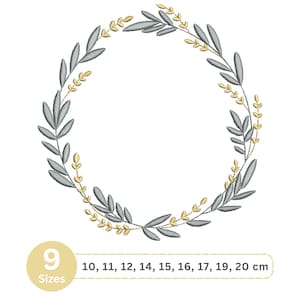 May include: An embroidered wreath design with grey and gold leaves in a circular arrangement. The design includes the text "9 Sizes" and measurements in centimetres: 10, 11, 12, 14, 15, 16, 17, 19, 20 cm.