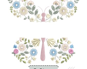 May include: Two machine embroidery designs featuring floral butterfly motifs. The top design has a pink striped body and floral wings in blue, pink, and cream with green leaves. The bottom design features a longer pink body and cream fan-shaped wings.