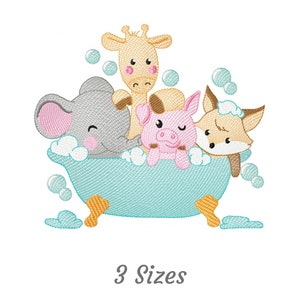 May include: An embroidered design of a grey elephant, pink pig, and orange giraffe in a blue bathtub with white bubbles. The animals are all smiling and appear to be enjoying their bath.