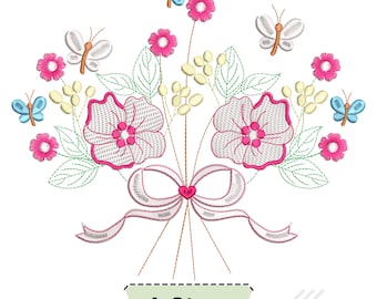wild rose bouquet with delicate ribbon bow and butterfly machine Embroidery Design - 4 Sizes