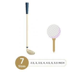 May include: An illustration of golf equipment, including a golf club and a golf ball on a tee. The golf club has a blue grip and a beige shaft and head. The golf ball is white with a pink hue. The image includes text indicating seven sizes, ranging from 2.5 to 5.5 inches.