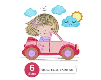 Cute Girl Driving Pink Car Embroidery Design – Adorable Girl with Flower in Hair and Sunny Clouds – 6 Sizes - Instant Download