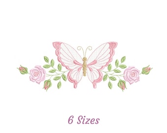 Schmetterling mit Rosenblüte, Insekten Und Blumen Stickmuster, Maschinenstickerei, 6 Größen, sofort download