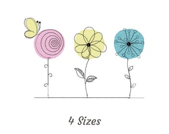 Line Sketch Spring Flowers Embroidery Design - Flower Machine Embroidery Pattern & Designs – 4 Sizes – Instant Download