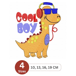 Cool Boy Dinosaur Machine Embroidery Design - Trendy Dino with Sunglasses and Headphones Digital File for Instant Download