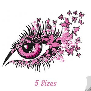 May include: Embroidered design of a pink eye with black eyelashes and pink flowers. The eye is surrounded by a cluster of pink butterflies.