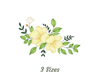 Yellow Flowers With Leaves Embroidery Design - Flowers Machine Embroidery Pattern & Designs – 3 Sizes – Instant Download