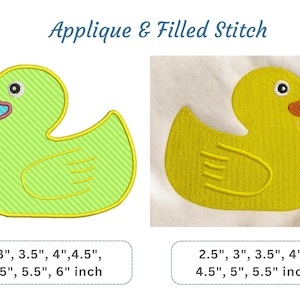 May include: Two embroidered duck designs. One is green with a blue beak, the other is yellow with an orange beak. The text "Applique & Filled Stitch" is above the ducks. Sizes range from 2.5 to 6 inches.