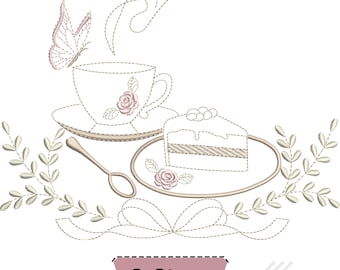 May include: An embroidery design featuring a teacup with a rose, a slice of cake on a plate, a spoon, and a butterfly, all outlined in light brown thread. The design includes decorative leafy branches and a ribbon, with the text 3 Sizes.
