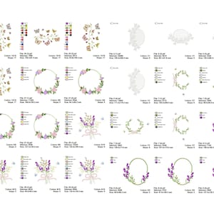 May include: A set of 10 embroidery designs featuring floral wreaths, butterflies, and lavender sprigs. The designs are perfect for adding a touch of elegance to any project.