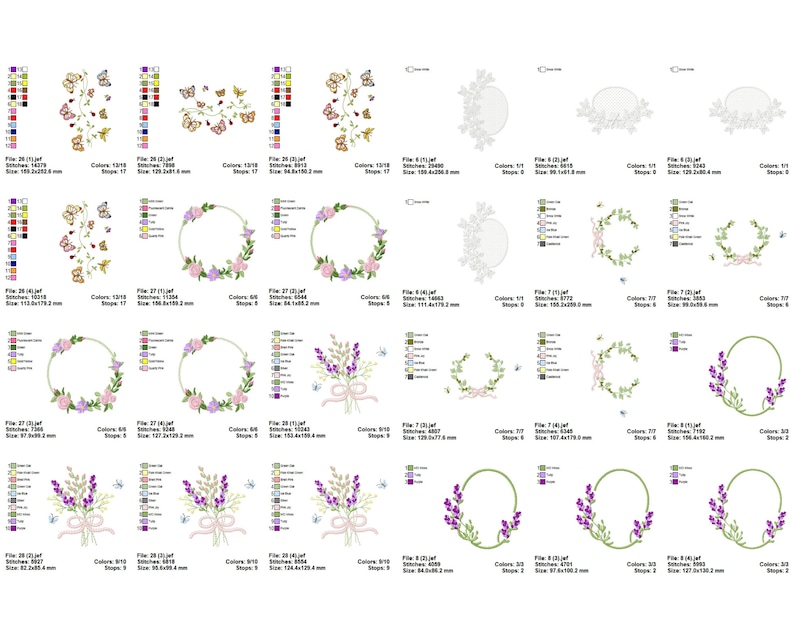 May include: A set of 10 embroidery designs featuring floral wreaths, butterflies, and lavender sprigs. The designs are perfect for adding a touch of elegance to any project.