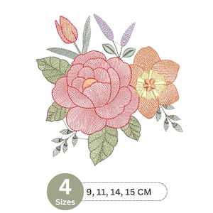 Floral bouquet digital embroidery design, vibrant pink rose and orange tulip, 4 Sizes, Instant Download