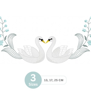 May include: Embroidered design featuring two white swans with black eyes and yellow beaks, facing each other. Light blue floral accents and the text "3 Sizes" are included. Available sizes are 13, 17, and 25 cm.