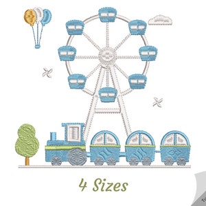 Ferris Wheel & Train Embroidery Design – 4 Sizes – Amusement Park Stitch Embroidery Pattern