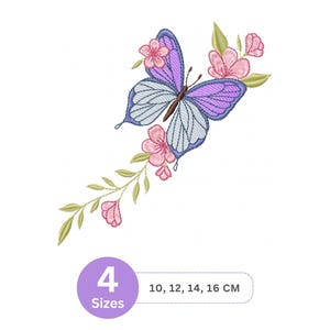 May include: Embroidered design of a butterfly with purple and light blue wings, surrounded by pink flowers and green leaves. The design is accompanied by the text "4 Sizes" and measurements in centimetres.